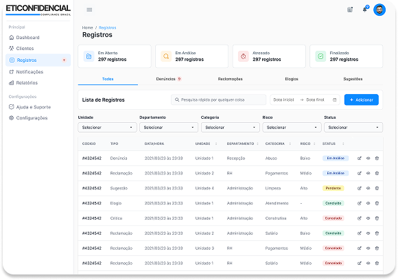 Tela da plataforma: Lista de registros